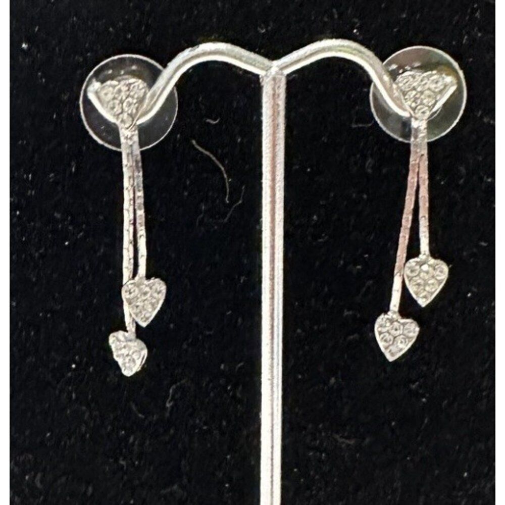 Silver Tone Heart Dainty Dangle Earrings Pierced Ears Chain Love Elegant
